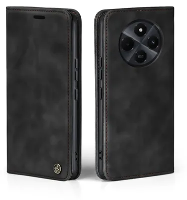 A black flip case for a smartphone, shown from the front and back.