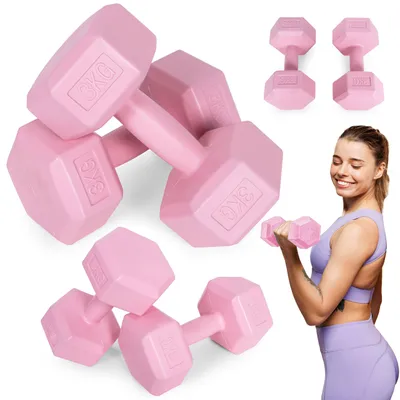 Zdjęcie produktu dla Hantle sześciokątne zestaw 2x3 kg ciężarki do ćwiczeń obciążniki fitness różowe MOVEPRO