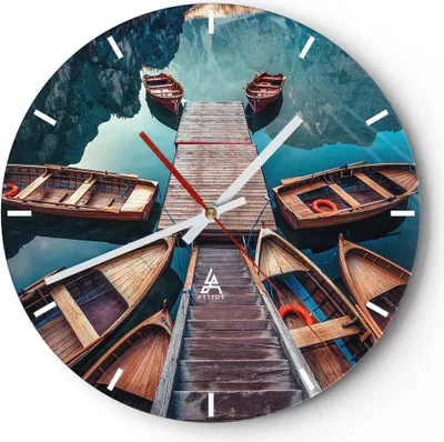 Produktbild von Wanduhr - Rund - Glasuhr - Berge Boot Wasser - 30x30cm - Schleichendes Uhrwerk - Lautlos - zum Aufhängen bereit - Dekoration Modern - Wanddekoration aus Glas - C3AR30x30-3971