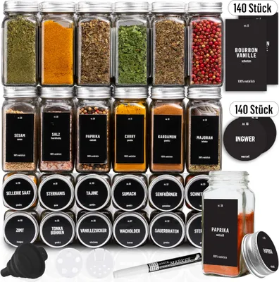 Produktbild von Sada 24ks - DECO HAUS dóz na korenie so skrutkovacím uzáverom - s etiketami, lievikom, čistiacou kefkou, značkovačom - 120 ml, 10,5x4,3 cm