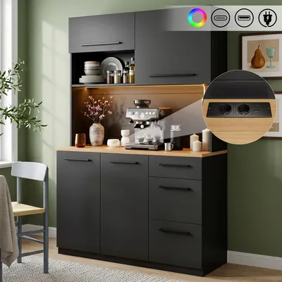 Produktbild von Buffetschrank mit LED-Beleuchtung und integrierten Anschlüssen - 120x40x180cm - Schwarz - Moderner Esszimmerschrank mit viel Stauraum und Steckdose