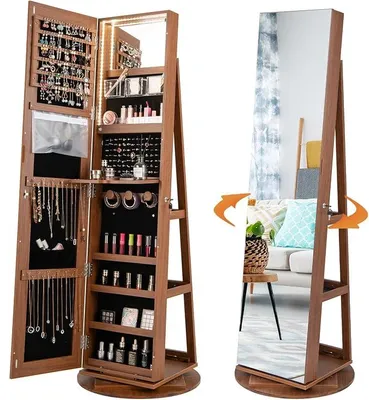Imagen del producto de Cajonera con iluminación LED, armario espejo giratorio 360°, con espejo de cuerpo entero sin marco, organizador de joyas con cerradura, caja de almacenamiento para joyas (marrón)