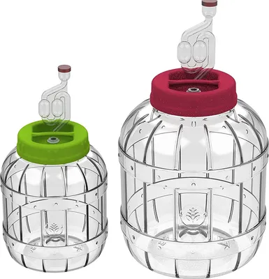 Two clear plastic fermentation vessels with airlocks, one with a green lid and the other with a red lid, are shown against a white background.