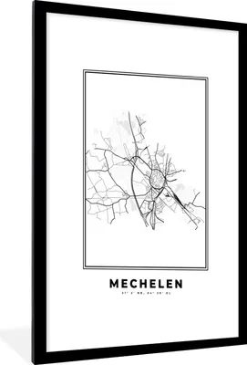 Produktbild von MuchoWow® Gerahmtes Poster Belgien - Mechelen - Stadtplan - Karte - Schwarz und weiß - Karte 60x90 cm - Poster mit Schwarzem Bilderrahmen Wandposter Rahmen Foto Bilder - Dekoration - Wandposter Wohnzimmer - Hochwertig