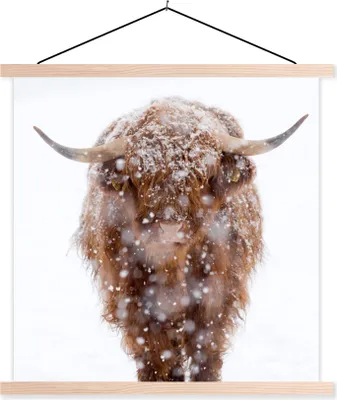 Produktbild von MuchoWow® Textilposter Schottisches Hochlandrind - Kuh - Schnee 40x40 cm mit holzfarbenen Rahmen - Posterleiste