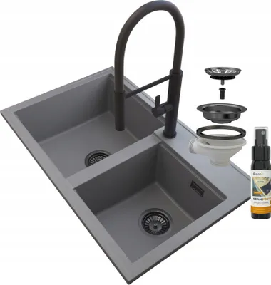 Obrázok produktu pre Granitan | Granitový drez HEKTOR - 800 x 500 mm - sivý - s čiernou batériou a ručným sifónom