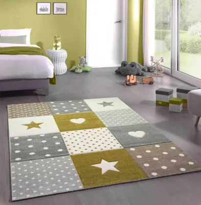 Produktbild von Kinderteppich Kinderzimmer Spiel Teppich Punkte Herz Stern Design creme weiß gold Größe - 200 x 290 cm