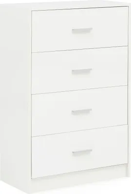 A white chest of drawers with four drawers and silver handles.
