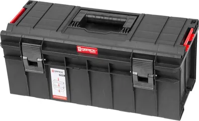 A black tool box with red accents, shown from a slightly elevated front-left angle against a white background.