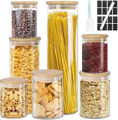 Zdjęcie produktu dla Szklane pojemniki do przechowywania z pokrywką, 7 sztuk: 1 x 1,5 litra, 1 x 1 litr, 2 x 0,5 litra, 3 x 0,25 litra