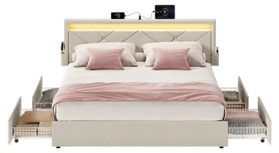 Productafbeelding van Bedframe van metaal met LED-verlichting, lades en hoofdeinde | Cappuccinobeige | 149,2 x 210,2 x 88,2/94,7 cm