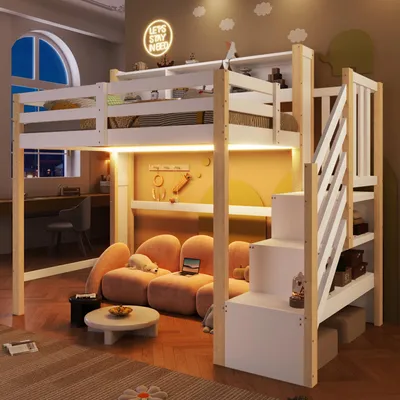Immagine prodotto di Letto a castello 90x200 cm con illuminazione a LED, scaletta con spazio contenitore, ripiani e ampio spazio sottostante, letto per bambini in legno, senza materasso, bianco/naturale