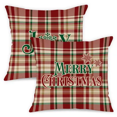 Immagine prodotto di Copricuscini natalizi, 2 pezzi, a quadretti, rossi, 45x45 cm, in peluche, cuscini decorativi, stile vacanza, rustico