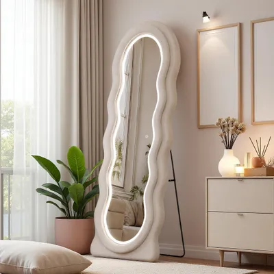 Produktbild von REMZETTA LED Standspiegel 150 x 45 cm, Weiß, Wellenform, dimmbar, 3 Lichtfarben, Touchsteuerung, Ganzkörperspiegel mit Flanellrahmen, Standfuß und Wandmontage