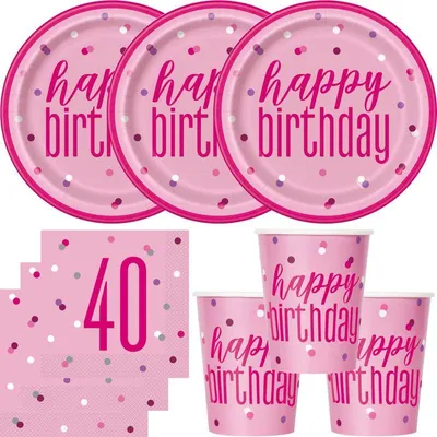 Produktbild von 40. Geburtstag Partyset Einweggeschirr rosa pink 48 tlg. Partygeschirr Teller Becher Servietten