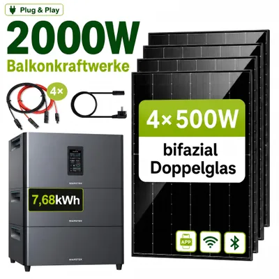 Produktbild von Balkonkraftwerk 2000Wp mit 7,68kWh Speicher, 4x500W bifaziale Glas-Glas Solarmodule, MARSTEK Jupiter C Plus mit Erweiterungsakku