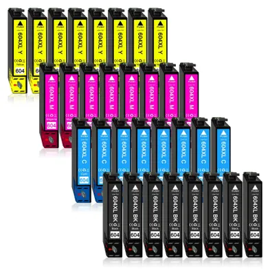 A collection of printer ink cartridges arranged in rows.