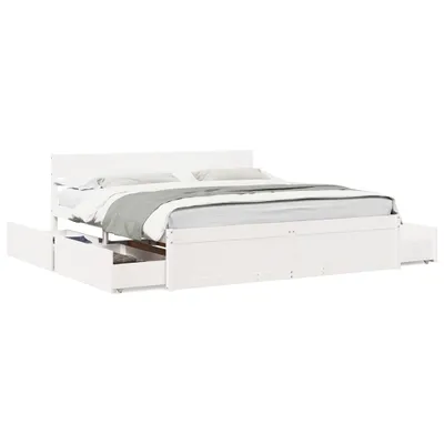 A white wooden bed frame with drawers underneath, shown from a side angle against a white background.