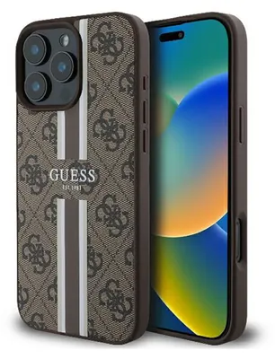 Produktbild von GUESS Tasche passend für IPHONE 16 Pro kompatibel mit MagSafe GUHMP16LP4RPSW (4G Printed Stripes) braun