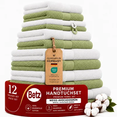Produktbild von Betz 12-tlg. Handtuch-Set PREMIUM 2 Duschtücher 4 Handtücher 2 Gästetücher 2 Seiftücher 2 Waschhandschuhe Farbe: weiß / avocadogrün, KI-generiertes Bild