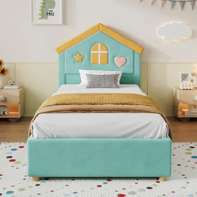 Produktbild von Kinderbett 90x200 cm Hausbett Polsterbett, mit 4 Schubladen, Stauraumbett für Kinderzimmer, Jugendbett mit Samt, mit Haus-Kopfteil,Blaugrün