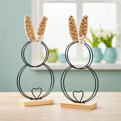 Produktbild von 2er Set Deko Aufsteller Hase Metall Bambus Holz Schwarz Osterdeko Tischdeko Ostern