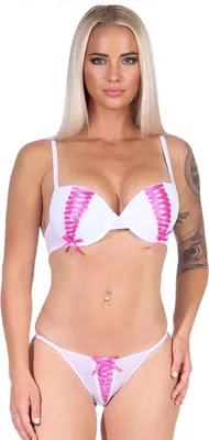 Produktbild von Damen Dessous Set Bügel BH Slip Push-Up String-Tanga Unterwäsche Pink 80 Cup A