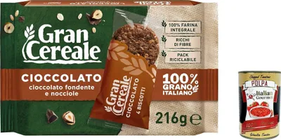 Produktbild von 6x Barilla Mulino Bianco Gran Cereale Cioccolato Kekse mit dunkler Schokolade und Haselnüssen 216g Biscuits ( 6 x 4 Kekse ) ohne Palmöl 100% Vollkornmehl + Italian Gourmet polpa 400g