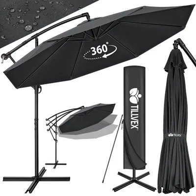 Image de tillvex Parasol Anthracite Ø 300 cm Parasol de jardin Parasol de marché Manivelle Balcon Alu Inclinable