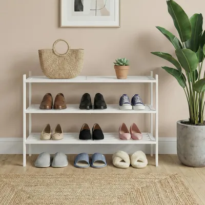 Produktbild von SONGMICS Bambus Schuhständer, stapelbares Schuhregal 3 Ebenen, platzsparend für Flur, Schlafzimmer, Wohnzimmer, weiß