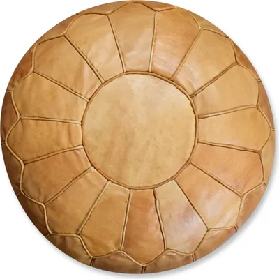 A round, stitched leather pouf on a white background.