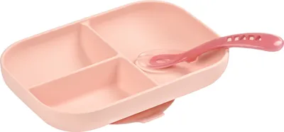 Produktbild von Geteilter Silikonteller + Löffel 2. Altersstufe - rosa