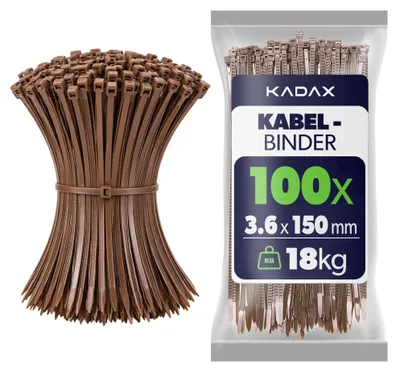 Obrázek produktu pro KADAX Stahovací pásky, 150 mm x 3,6 mm, hnědé barvy, sada 100 kusů. Nylonové stahovací pásky s nosností 18 kg, určené pro bezpečné uspořádání kabelů v domácnosti, zahradě, dílně a kanceláři