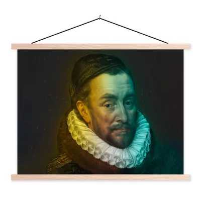 Produktbild von MuchoWow® Textilposter Wilhelm von Oranien - Adriaen Thomasz - Gelb 120x90 cm mit holzfarbenen Rahmen - Magnetisch