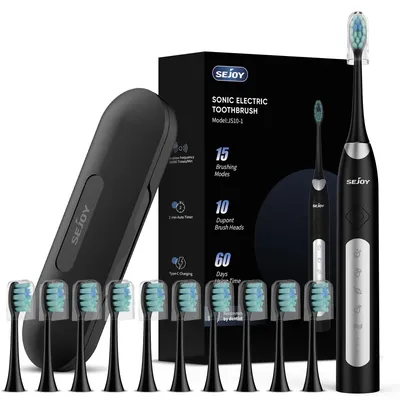 Image de Brosse à dents électrique Sonic pour adultes - 5 modes de nettoyage - 10 têtes de brosse - Rechargeable par USB-C - Minuteur de 2 minutes - Étui de voyage - Noir