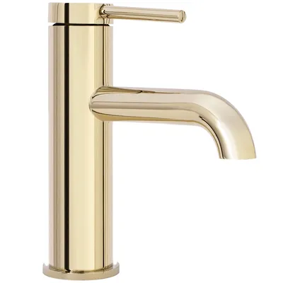 A close-up studio shot of a gold-colored faucet.