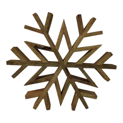 A wooden snowflake decoration against a white background.
