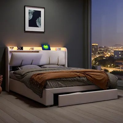 Obrázok produktu pre UnboxG Čalúnená posteľ 140 x 200 cm s LED osvetlením, USB pripojením a úložným priestorom - posteľ s plynovým tlakovým zdvihom, zamatová, béžová, čelo s úložným priestorom a funkciou sklápania