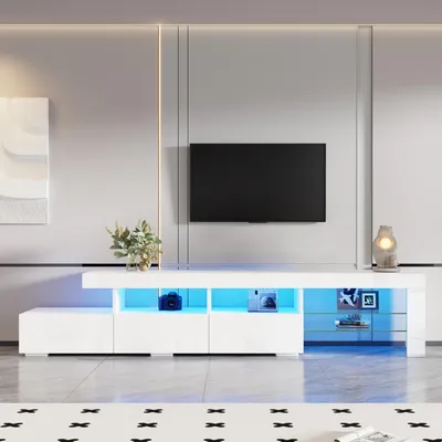 Produktbild von okwish Hochglanz-TV Schrank mit drei Schubladen und LED, Lowboard mit Glasfachböden,für Fernseher bis 75 Zoll,Weiß