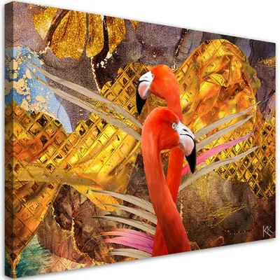 Produktbild von Leinwandbild Flamingos auf goldenem Hintergrund 120x80 Feeby Rosa bild für die wand bereit zum aufhängen