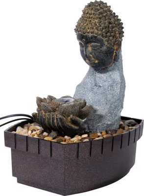 Produktbild von dobar Zimmerbrunnen Buddha in Steinoptik mit Deko-Steinen, Wasserspiel mit Pumpe für innen, Polyresin, 20,5 x 16,5 x 27 cm, grau-schwarz