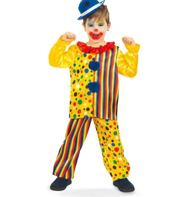 Produktbild von Kinderkostüm Clown in gelb mit Buntem Muster 2-teilig Hose und Oberteil Harlekin (128)