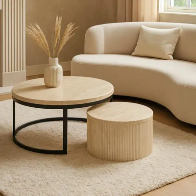 Produktbild von alesvelt Couchtische Couchtisch 2er Set Manzano Travertin Platte MDF Säulenstil Ø80X45 + Ø60X35 CM beige