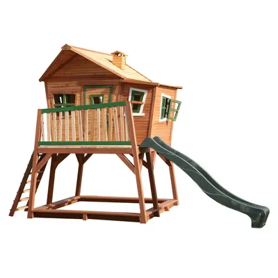 Produktbild von AXI Spielhaus Max mit Sandkasten & grüner Rutsche | Stelzenhaus in Braun & Grün aus Holz für Kinder | Spielturm mit Wellenrutsche für den Garten