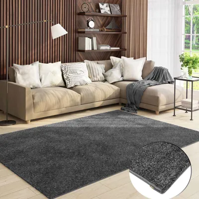 A living room scene with a sectional sofa, a rug, and shelves on the wall.