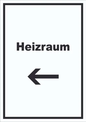 Produktbild von Heizraum Schild mit Text und Richtungspfeil links Heizung Wärme hochkant A5 (148x210mm)