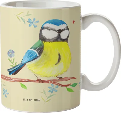 Produktbild von Mr. & Mrs. Panda Kaffeetasse Vogel Blaumeise - Blumig - Geschenk, Teetasse, Frühling, Ostergrüße, Osterhase, Tasse, bedruckt, Keramiktasse, Ostern, Kaffeebecher