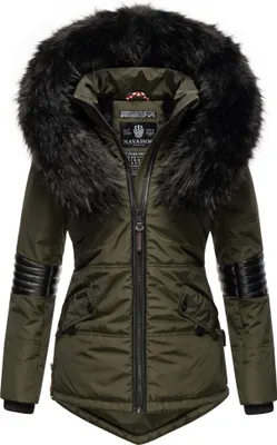 Produktbild von Navahoo Nirvana Vegane Damen Winter Steppjacke mit abnehmbarer Kapuze mit Kunstpelzkragen und Teddyfell Futter Olive Gr. 36 - S