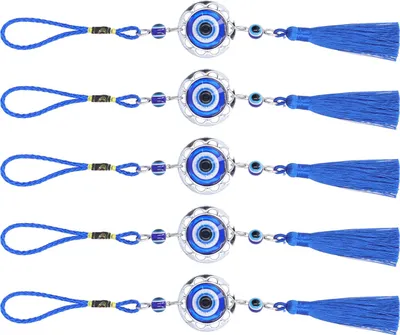 Zdjęcie produktu dla Wisiorek Evil Eye, wisiorek Lots of Glamour Bear Eye, design z niebieskimi frędzlami, zestaw 5 unikalnych prezentów do dekoracji samochodu, dekoracji drzwi, dekoracji drzwi (okrągłe)