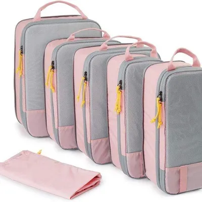 Produktbild von Famanu Kompressions-Packwürfel – Komprimierbares Set mit Wäschebeutel – Reiseorganizer für Kleidung und Wäsche – Rosa